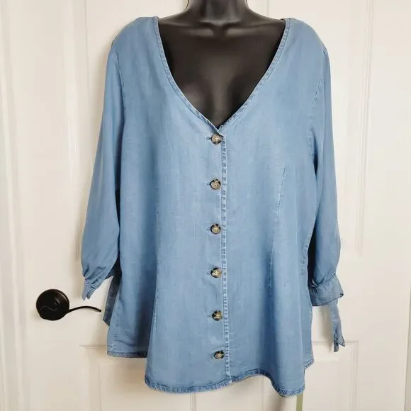 1511 Inc Top Woman XLarge Blue Chambray Fitted Tie Sleeve V-Neck Casual Boho Y2K - Picture 1 of 14
